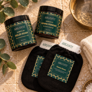 Moroccan Hammam Trio: Eucalyptus Black Soap, Henna Powder & Kessa Glove Set of 2